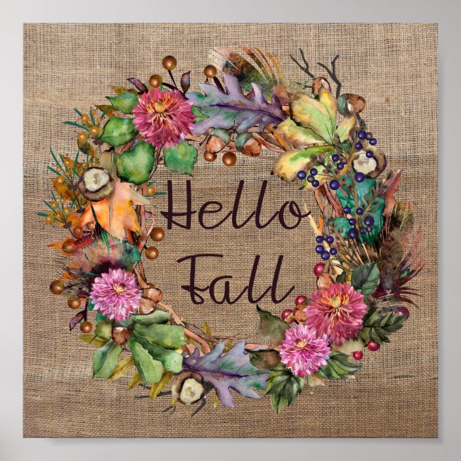 Hello Fall | Fall Flowers Watercolor and Burlap Poster
