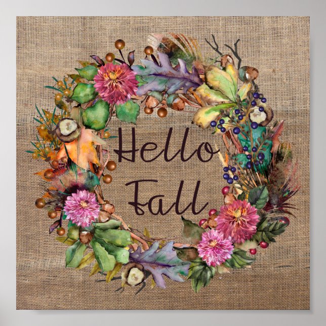 Hello Fall | Fall Flowers Watercolor and Burlap Poster (Front)