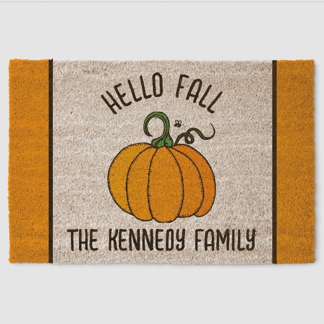 Hello Fall  Family Name Pumpkin Coir Fiber Doormat (Front)
