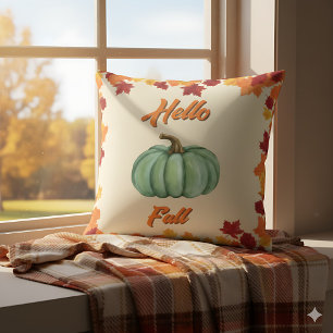 Hello Fall - Farmhouse Green Pumpkin Cozy Decor Throw Pillow