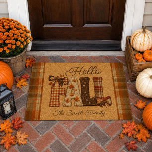 Hello Fall Farmhouse Plaid Personalized Outdoor Fiber Doormat