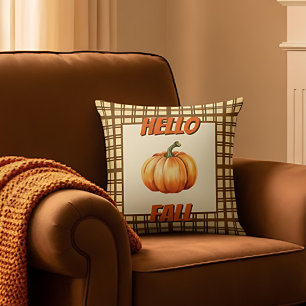 Hello Fall Farmhouse with Pumpkin and Plaid Des Throw Pillow