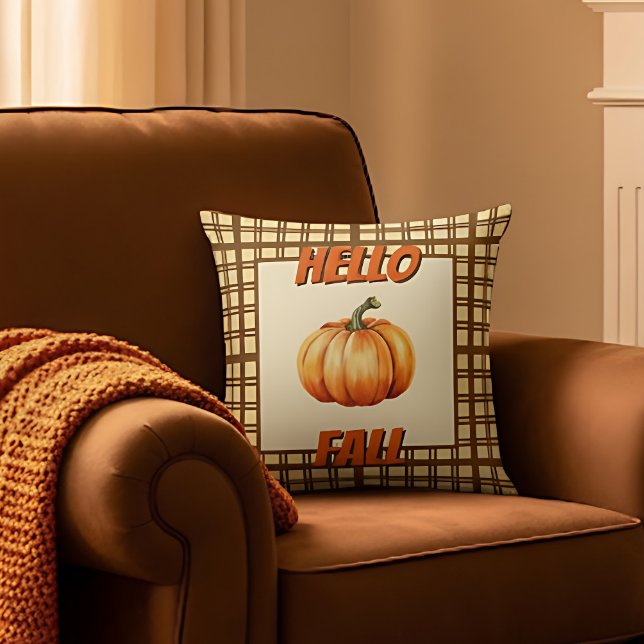 Hello Fall Farmhouse with Pumpkin and Plaid Des Throw Pillow (Stylish Hello Fall Pillow)