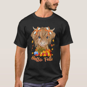 Hello Fall Fluffy Highland Cow With Pumpkin Thanks T-Shirt