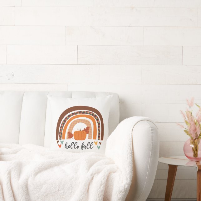 Hello Fall Fun Pumpkin And Rainbow  Throw Pillow (Couch)