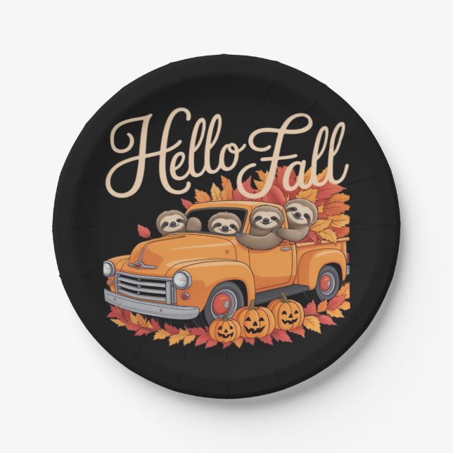 Hello Fall Funny Sloth Halloween pumkin Classic T- Paper Plates (Front)