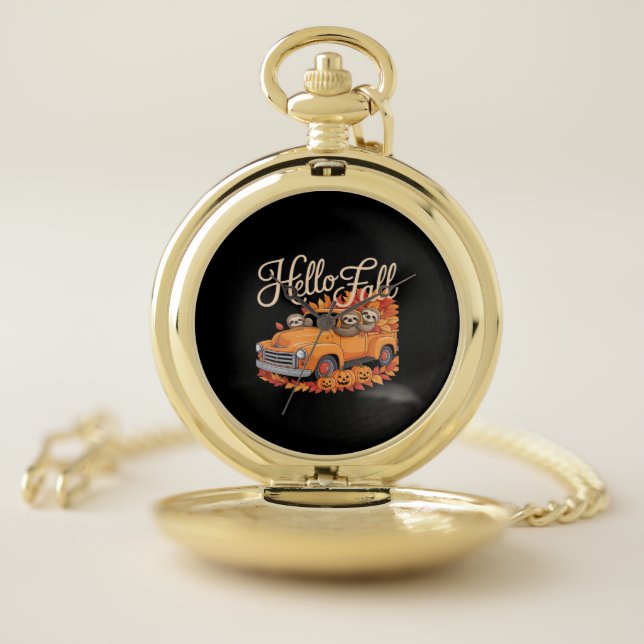 Hello Fall Funny Sloth Halloween pumkin Classic T- Pocket Watch (Inside)
