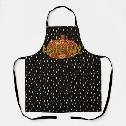 Hello Fall Glitter Pumpkin  Metallic Gold  Black Apron