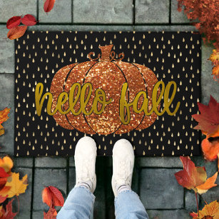 Hello Fall Glitter Pumpkin + Metallic Gold & Black Doormat