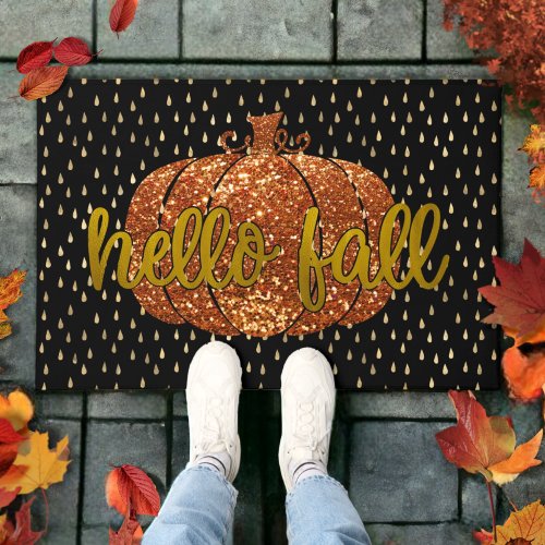 Hello Fall Glitter Pumpkin  Metallic Gold  Black Doormat