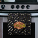 Hello Fall Glitter Pumpkin   Metallic Gold & Black Kitchen Towel<br><div class="desc">Front and center is an elegant glitter pumpkin in feminine sparkling autumn shades. This durable waffle fabric paperless kitchen towel is adorned seam to seam with a girly metallic print faux foil gold raindrop icing drip texture over a black background, and features a seasonal appropriate trendy faux metallic glitter fall...</div>