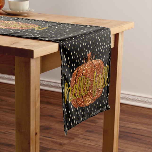 Hello Fall Glitter Pumpkin + Metallic Gold & Black Short Table Runner (In Situ)
