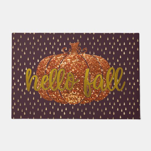 Hello Fall Glitter Pumpkin Metallic Gold Burgundy Doormat