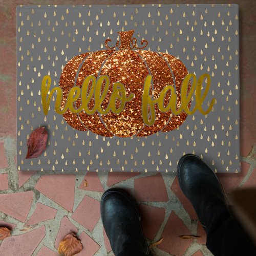 Hello Fall Glitter Pumpkin  Metallic Gold  Grey Doormat