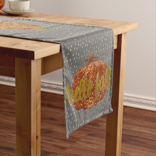 Hello Fall Glitter Pumpkin  Metallic Gold  Grey Short Table Runner