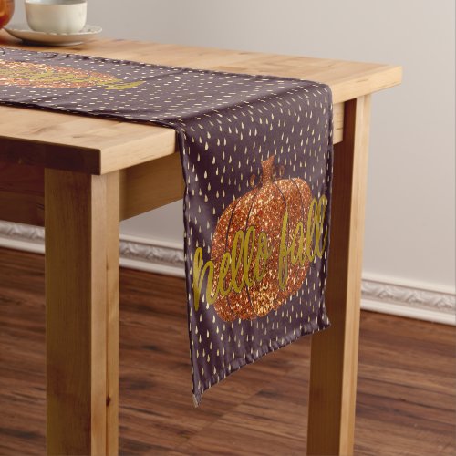 Hello Fall Glitter Pumpkin Metallic Gold  Maroon Short Table Runner