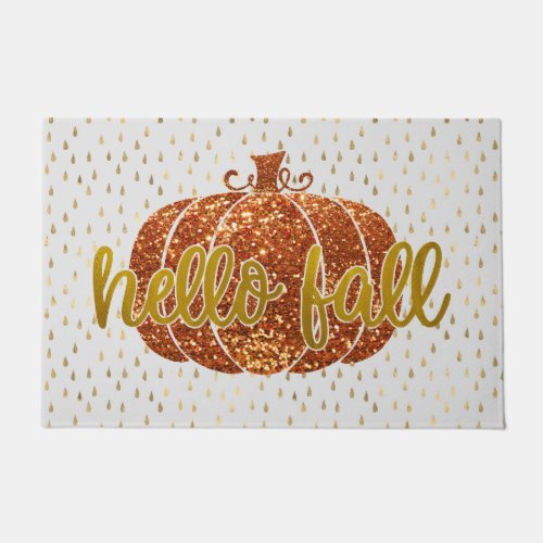 Hello Fall Glitter Pumpkin  Metallic Gold  White Doormat