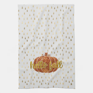 Hello Fall Glitter Pumpkin + Metallic Gold & White Kitchen Towel