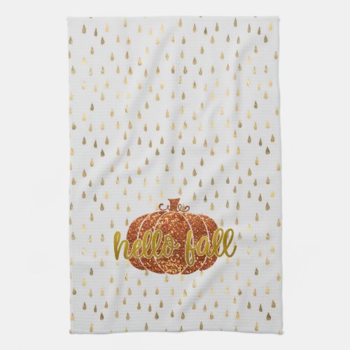 Hello Fall Glitter Pumpkin  Metallic Gold  White Kitchen Towel
