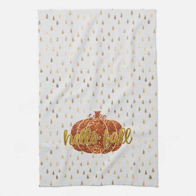 Hello Fall Glitter Pumpkin + Metallic Gold & White Kitchen Towel (Vertical)