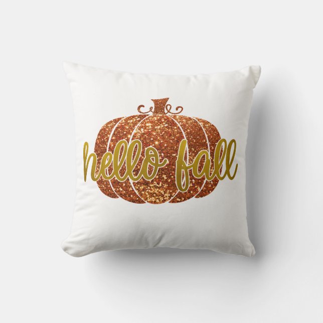 Hello Fall Glitter Pumpkin Throw Pillow (Front)