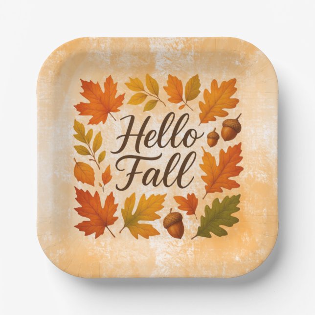 Hello Fall leaves and acorns Paper Plates (Front)