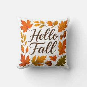 Hello Fall leaves and acorns Throw Pillow