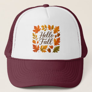 Hello Fall leaves and acorns Trucker Hat
