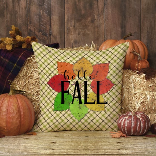Hello Fall Leaves Family Name Green Plaid Tartan Throw Pillow (Creator Uploaded)