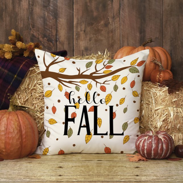 Hello Fall Leaves Tree Family Name Thanksgiving Throw Pillow (Creator Uploaded)