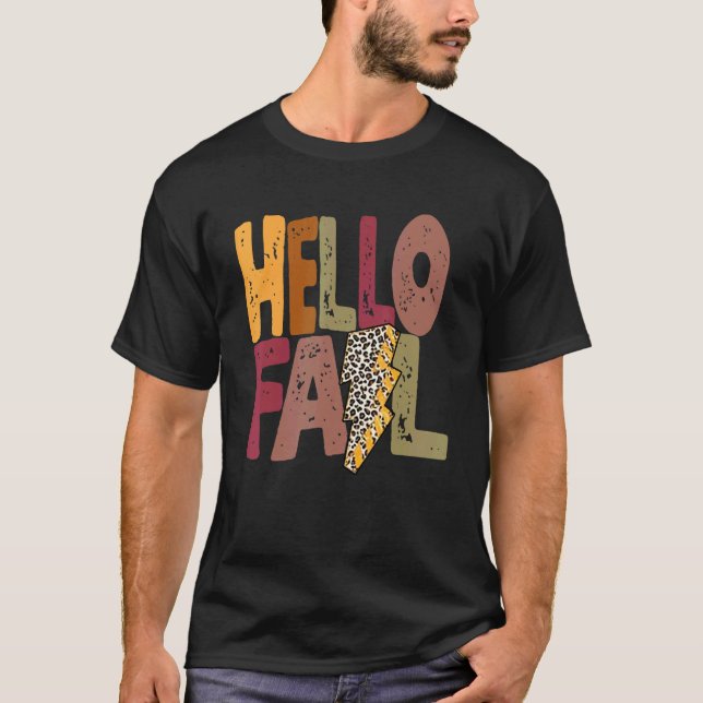 Hello Fall Leopard Cute Autumn Thanksgiving Costum T-Shirt (Front)