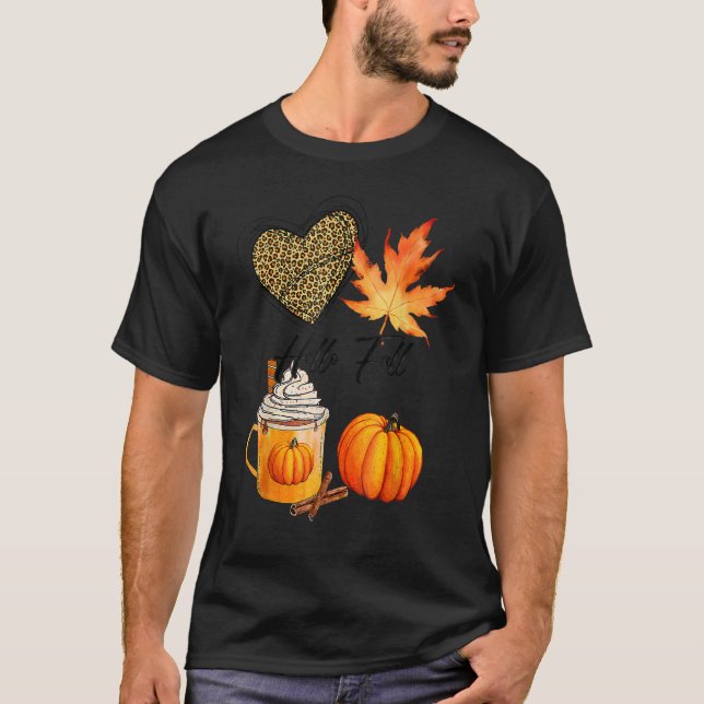Hello Fall Leopard Heart Pumpkin Autumn Leaves Tha T-Shirt (Front)