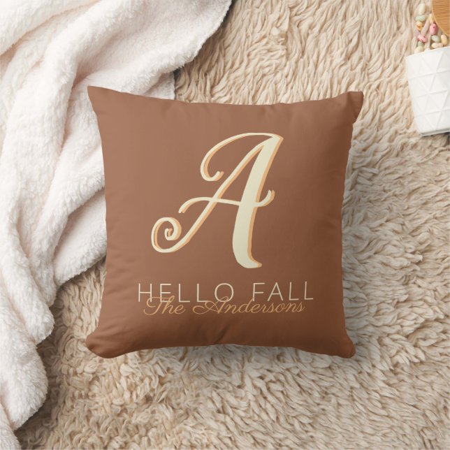 Hello Fall Modern Monogram Name Orange Brown Throw Pillow (Blanket)