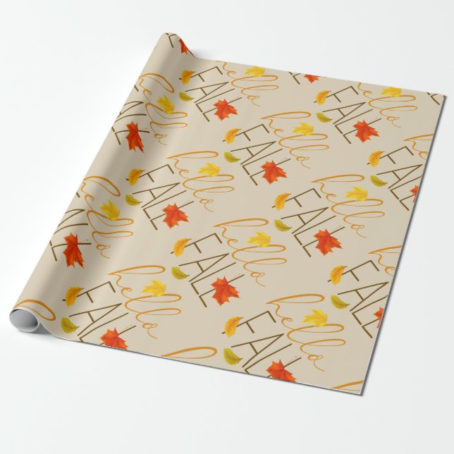 Hello Fall Modern Typography and Leaves Wrapping Paper (Unrolled)