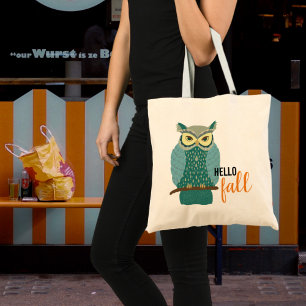 Hello Fall Owl Peacock Feathers Teal Orange Tote Bag
