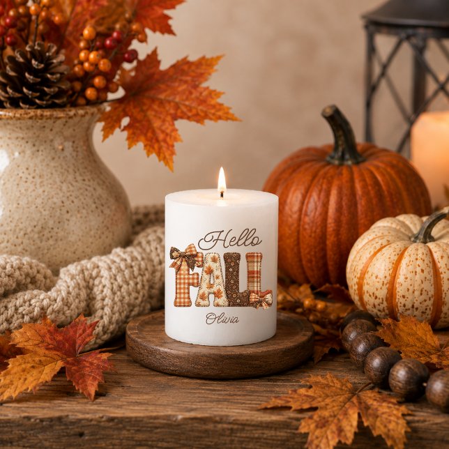 Hello Fall Patchwork Letters Gingham Plaid Bows Pillar Candle (Creator Uploaded)