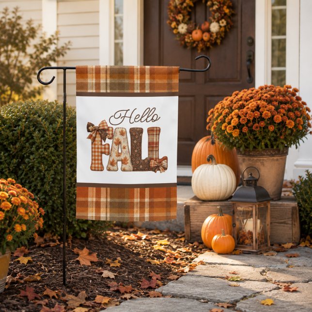 Hello Fall Patchwork Letters Plaid Farmhouse Garden Flag (Creator Uploaded)