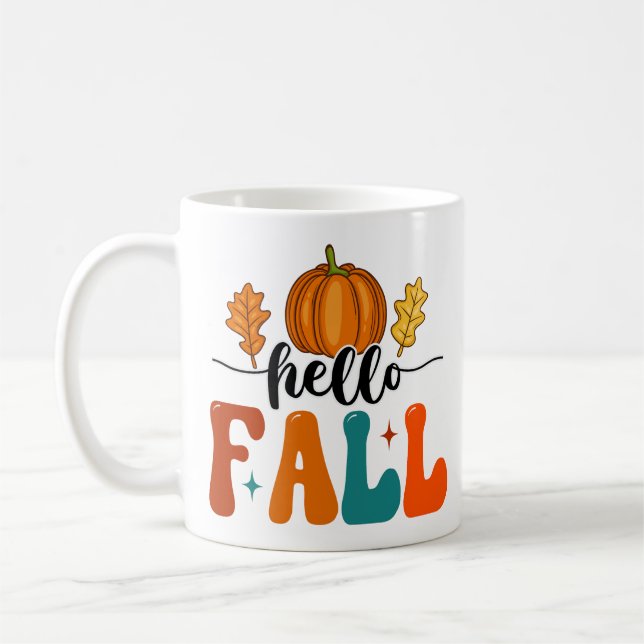 Hello Fall Pumpkin And Leaf Autumn Poster Coffee Mug (Left)