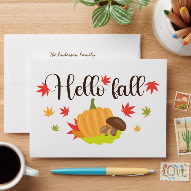 Hello Fall Pumpkin and Mushrooms Autumn  Envelope (Desk)