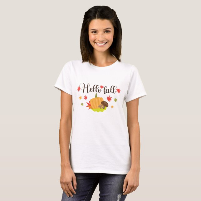 Hello Fall Pumpkin and Mushrooms  T-Shirt (Front Full)