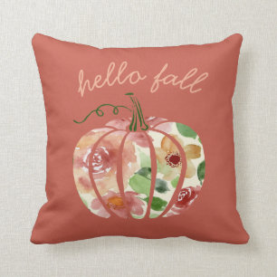 Hello Fall Pumpkin Autumn Orange Watercolor Floral Throw Pillow