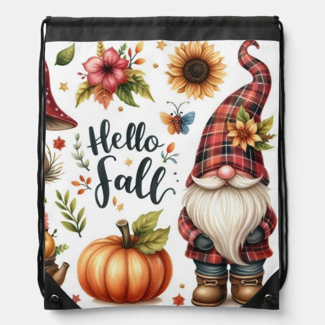 Hello fall pumpkin flowers gnome drawstring bag (Front)
