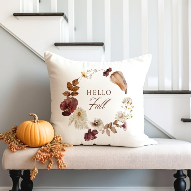 Hello Fall Pumpkin, Leaves and Flowers Throw Pillow (Creator Uploaded)