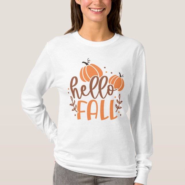 Hello Fall Pumpkin & Leaves Simple Autumn T-Shirt (Front)