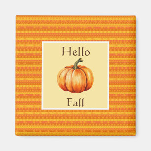 Hello Fall Pumpkin Orange Striped Autumn Decor Magnet