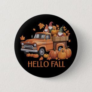 Hello Fall Pumpkin Pickup Truck Gnome Autumn Tree  Button