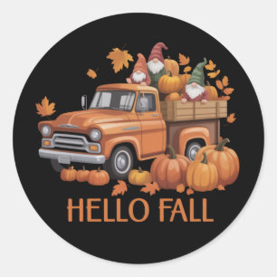 Hello Fall Pumpkin Pickup Truck Gnome Autumn Tree Classic Round Sticker