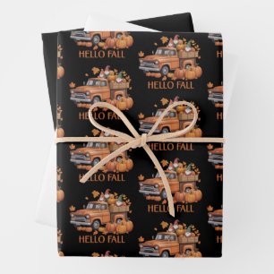 Hello Fall Pumpkin Pickup Truck Gnome Autumn Tree  Wrapping Paper Sheets