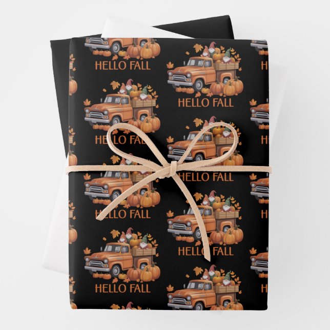 Hello Fall Pumpkin Pickup Truck Gnome Autumn Tree  Wrapping Paper Sheets (In situ)