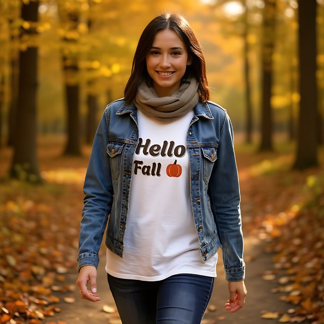Hello Fall – Pumpkin Season Cozy Autumn Design T-Shirt (Fall outfit with "Hello Fall" design and rustic autumn charm)
